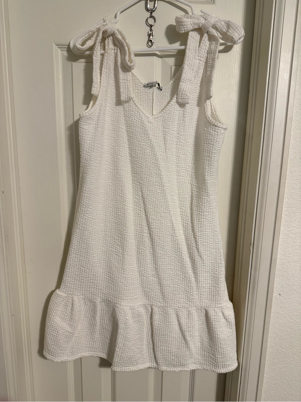White Textured Tie-Shoulder Ruffle Hem Dress